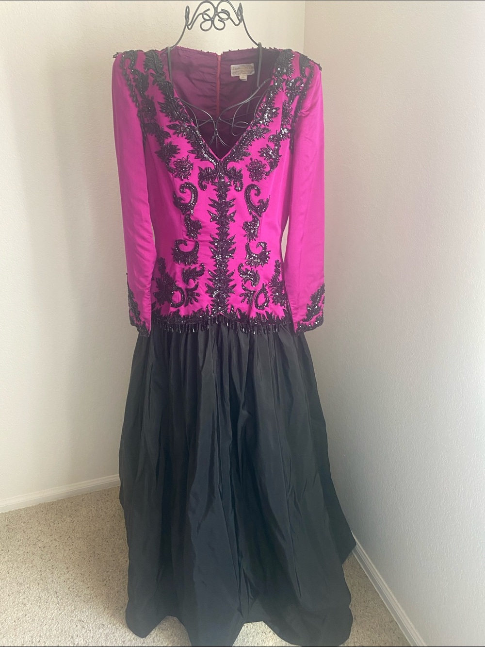 Vintage Victoria Royal Ltd Fuchsia and Black Beaded Formal Dress